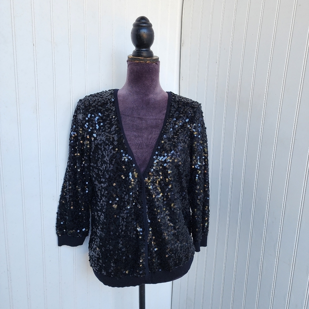 LC Lauren Conrad Sweater Womens  Black Cardigan Cozy Comfort Sparkly Snap Up M
